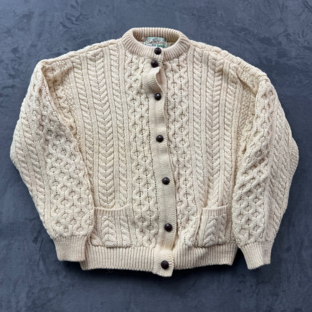It's Traditional 'tis Irish Wool Cable Knit Cardigan Sweater Cream Large
